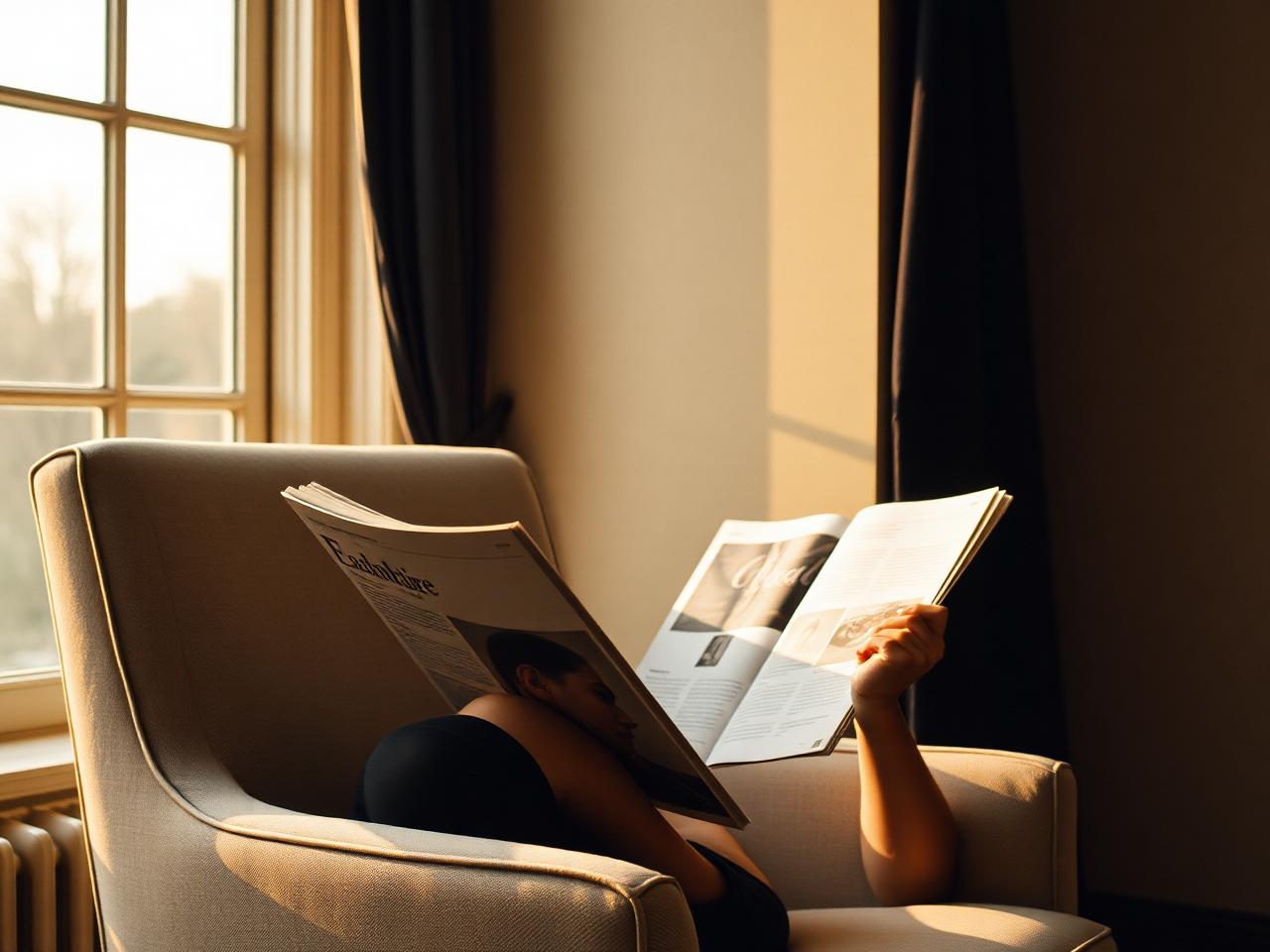 Person reading a printed magazine in a linen armchair by a large window in golden hour light